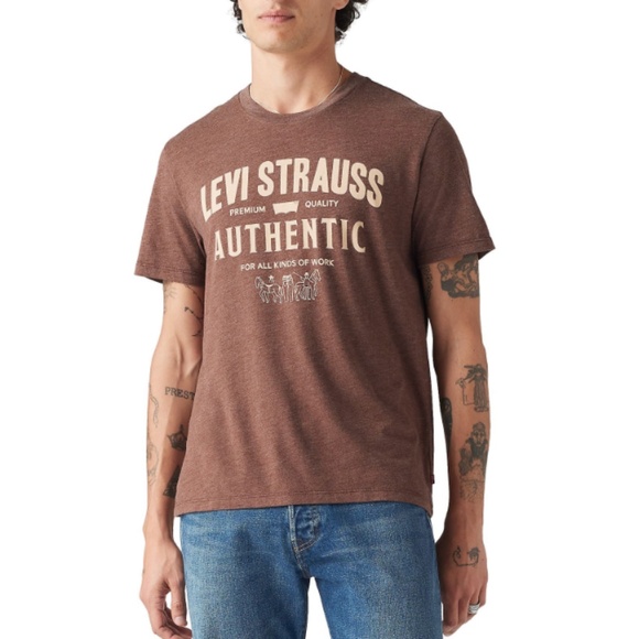 Levi's Men's Brown Authentic Logo Graphic Casual T Shirt Sz-L - Picture 1 of 6